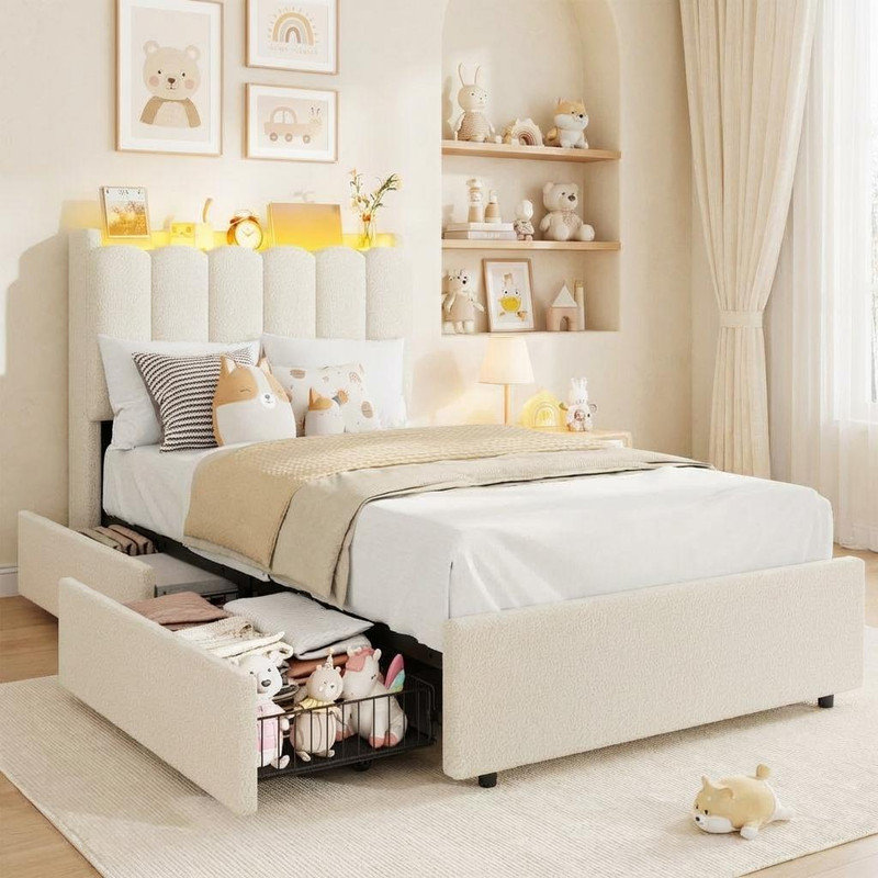 LED Upholstered Platform Bed with Storage Drawers & Wavy Headboard, No Box Spring Needed, White, Twin XL