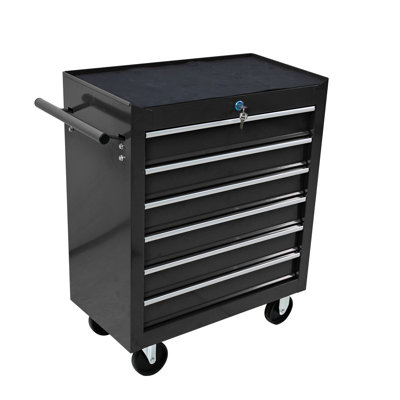 Coffre à outils à 6 tiroirs, boîte à outils verrouillable robuste avec roues, chariot de service en acier thermolaqué noir pour atelier de réparation de garage