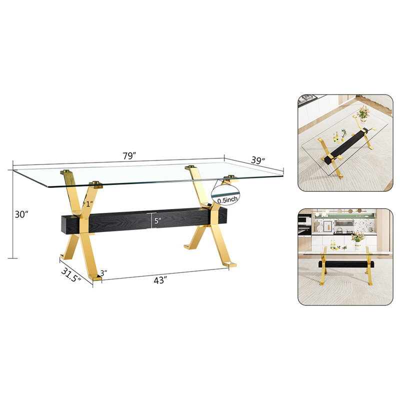 Grande table élégante avec plateau en verre trempé, barre transversale et pieds en métal pour les espaces de repas à domicile