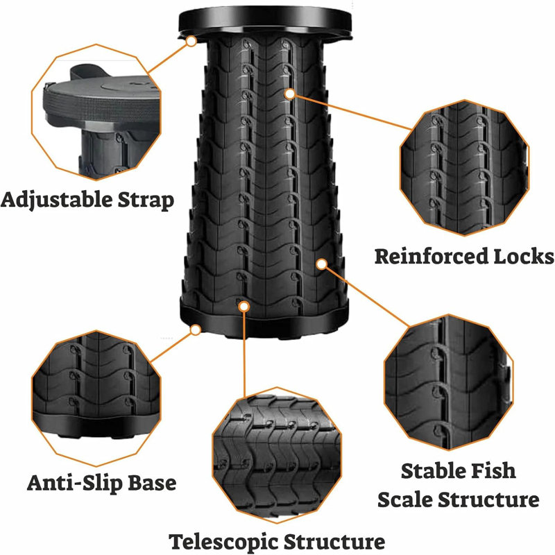 Portable Folding Stool Chair With Carry Handle Plastic Telescopic Stool , Black