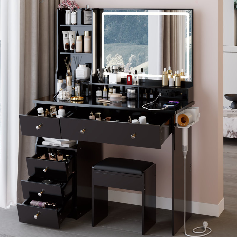 Ensemble de meuble-lavabo de 41 po avec commode gauche et tabouret rembourré, Noir, noir, noir, noir