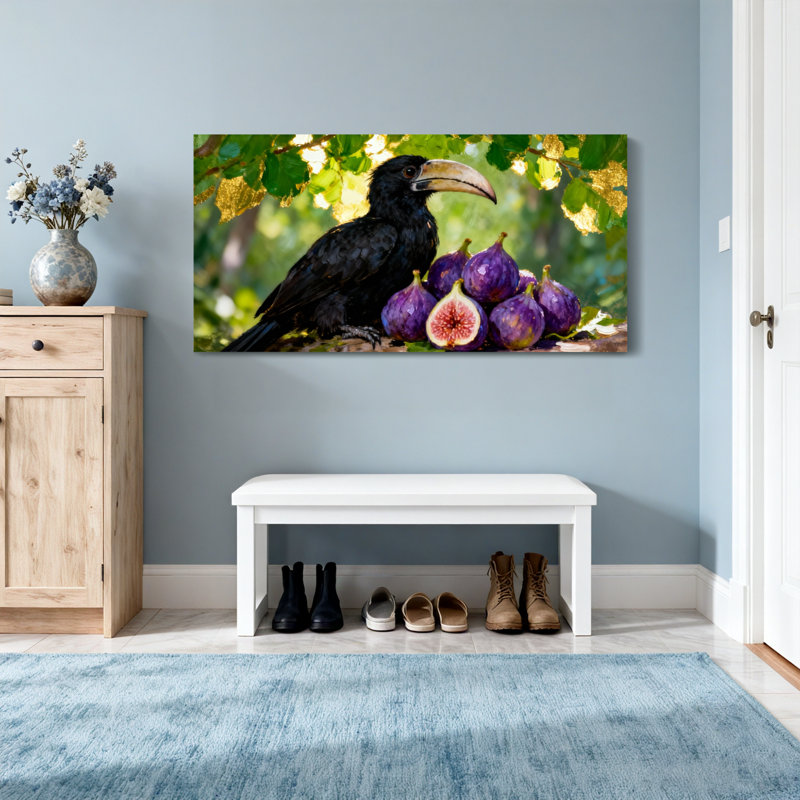 Animaux toucan perchés avec des figues et des feuilles, H 16 po x l 32 po