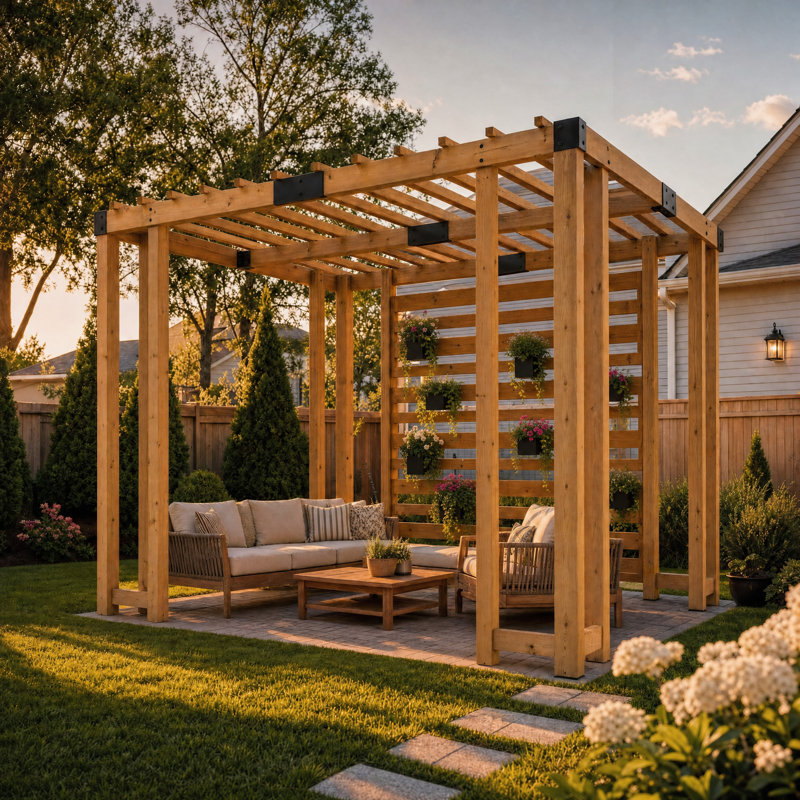 Sunjoy 10.5 ft. x 10 ft. Cedar Wood Pergola with Slatted Privacy Wall&Adjustable Hanging Planters