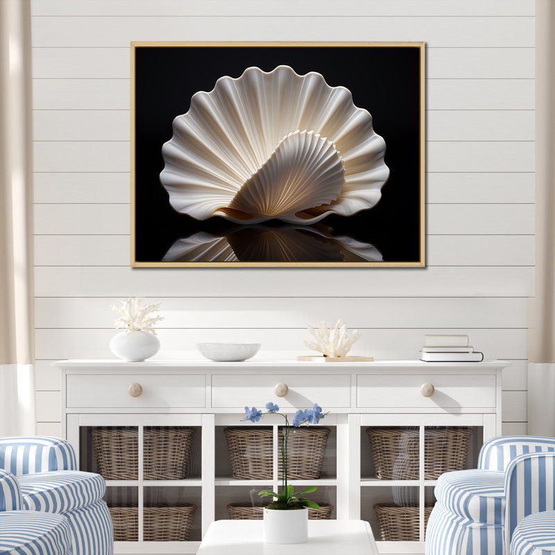" Monochrome Clam Deep Charcoal Ocean ", Natural Floater Framed, 16" H x 32" W x 1" D