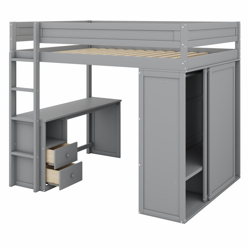 Lit mezzanine en bois avec placards et bureau à 2 tiroirs avec armoire, Gris