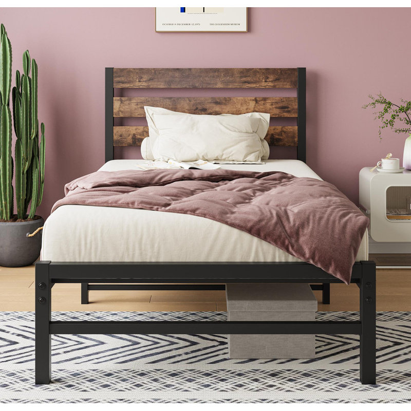 Platform Bed with Rustic Wood Headboard Metal Bed Modern Bed, Twin, Brown
