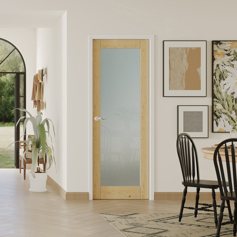 Porte intérieure à dalle - Porte en bois massif en verre givré avec poignée ronde argentée, 32 po x 80 po, Argent