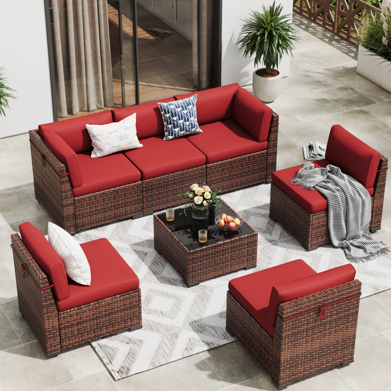 Cawanna 6 - Person Modular Patio Conversation Set with Cushions, Red, No
