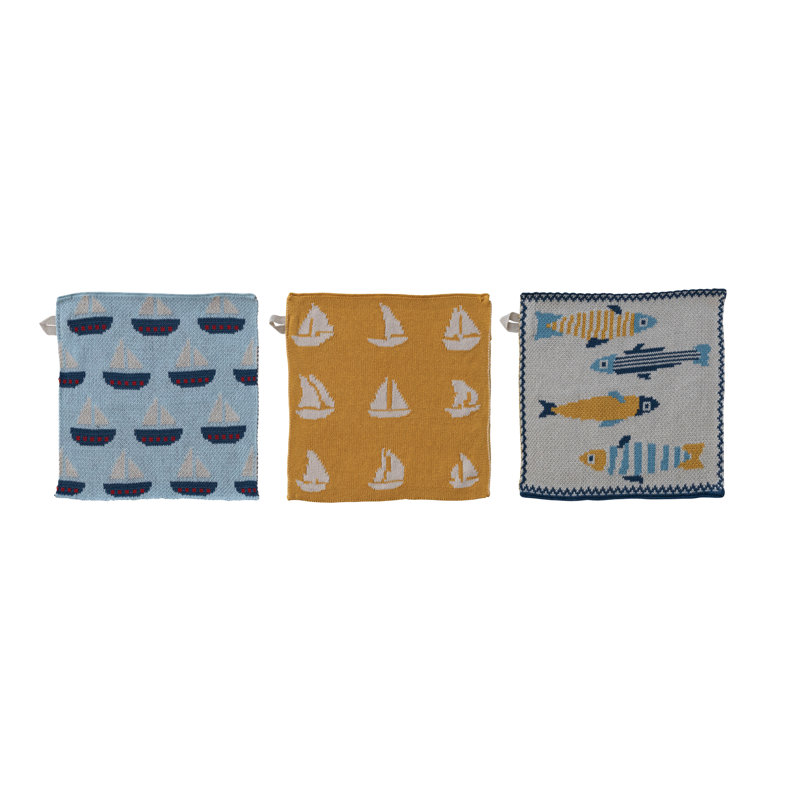 Torchon en coton tricoté avec motif poisson / bateau