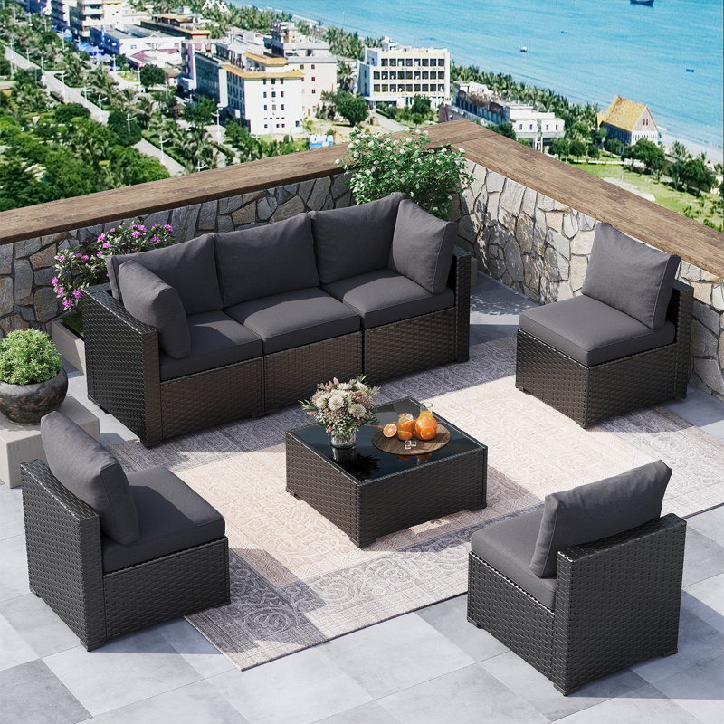 7 Pieces Outdoor Patio Furniture Set, With Cushions And Glass Coffee Table, Pe Rattan Outdoor Wicker Sectional Furniture Sofa Set, For Porch, Garden, Balcony
