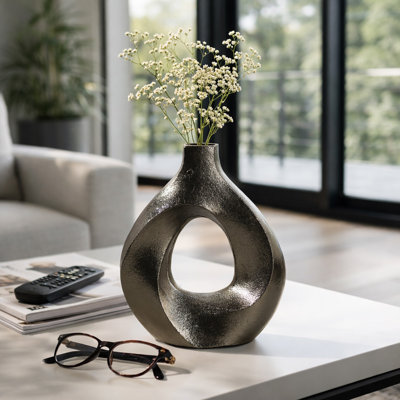 Artistic Metal Swirl Vase With Cut Out Center For Home Decor - Sculptural Tall Flower Vase For Entryway, Side Table Accent, Or Shelf Decor - Bronze