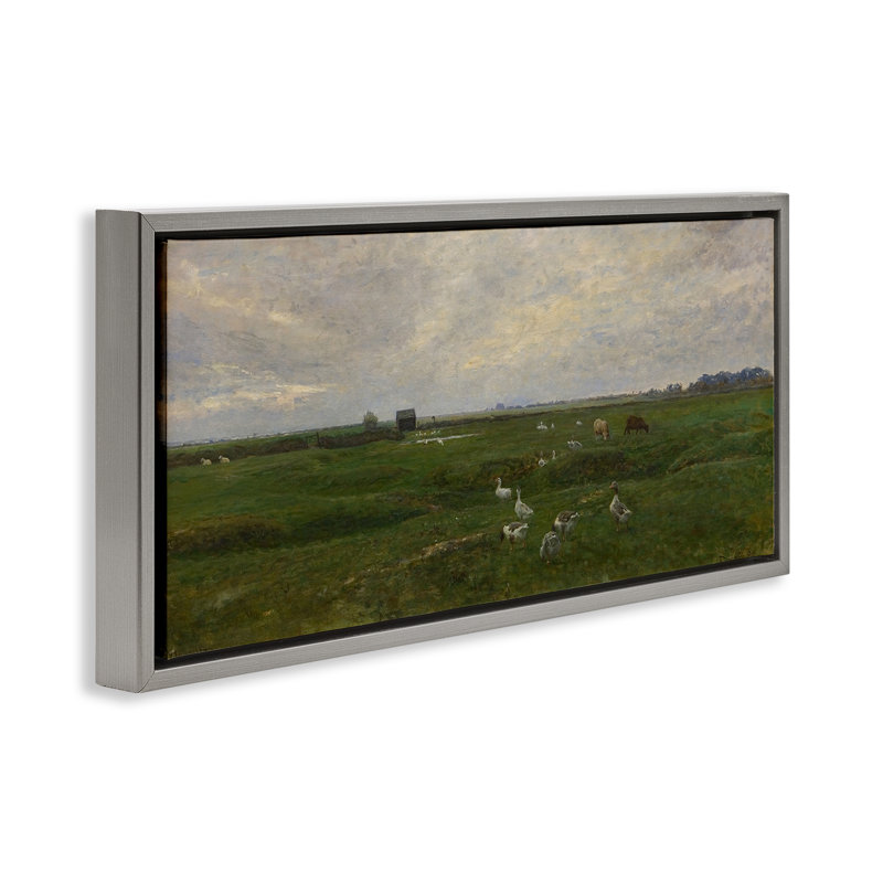  «Grazing Ducks & Horses», art mural encadré flottant par Grace Popp, H 14 po x l 31 po, Cadre flottant gris lustré