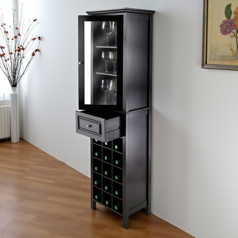  Southwind 1-Drawer Wine Display Tower in Black Finish, 66.75" H X 18.2" W X 12.7" D