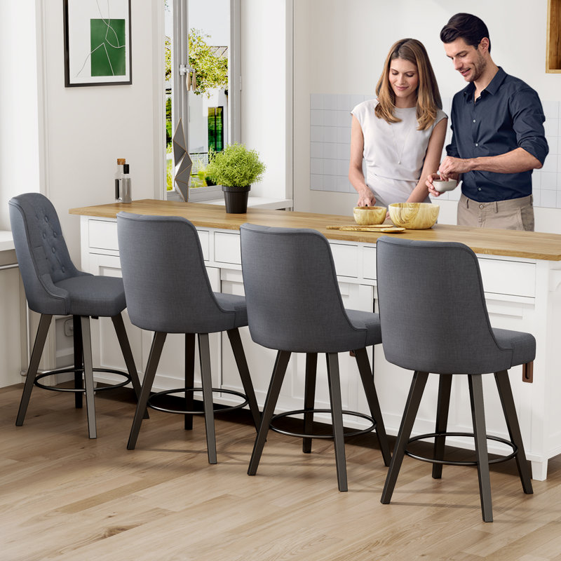 Swivel Bar Stools, 26'' Upholstered Counter Stool with Solid Wood Frame, Gray