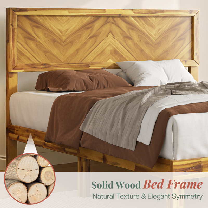 Mid Century Modern Solid Wood Queen Size Platform Bed Frame With Tall Headboard And Wood Slats, Yellow Brown, Queen 