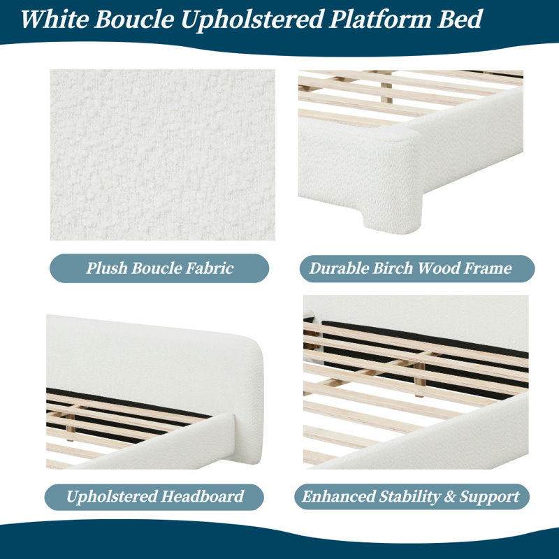 Lit plateforme tapissier White Boucle avec 10 lattes et support central, Très grand lit