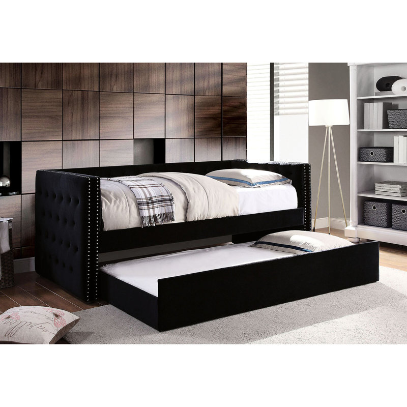 Black Nailhead Trimmed - Style Daybed With Trundle, Transitional Design, Padded Flannelette Upholstery, Button , Slat Kit Upholstered Style, Trim,