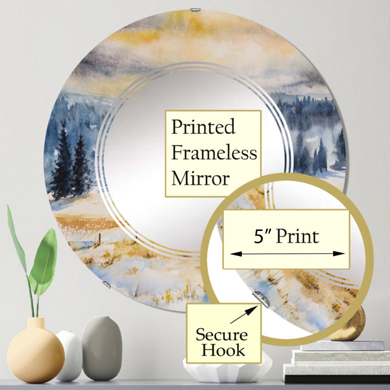 Paysage d'hiver avec arbres enneigés - Miroir mural rond, 24 po x 24 po