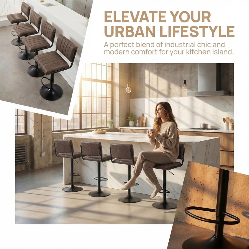 Adjustable PU Leather Swivel Bar Stools (Set of 4, BROWN), BROWN