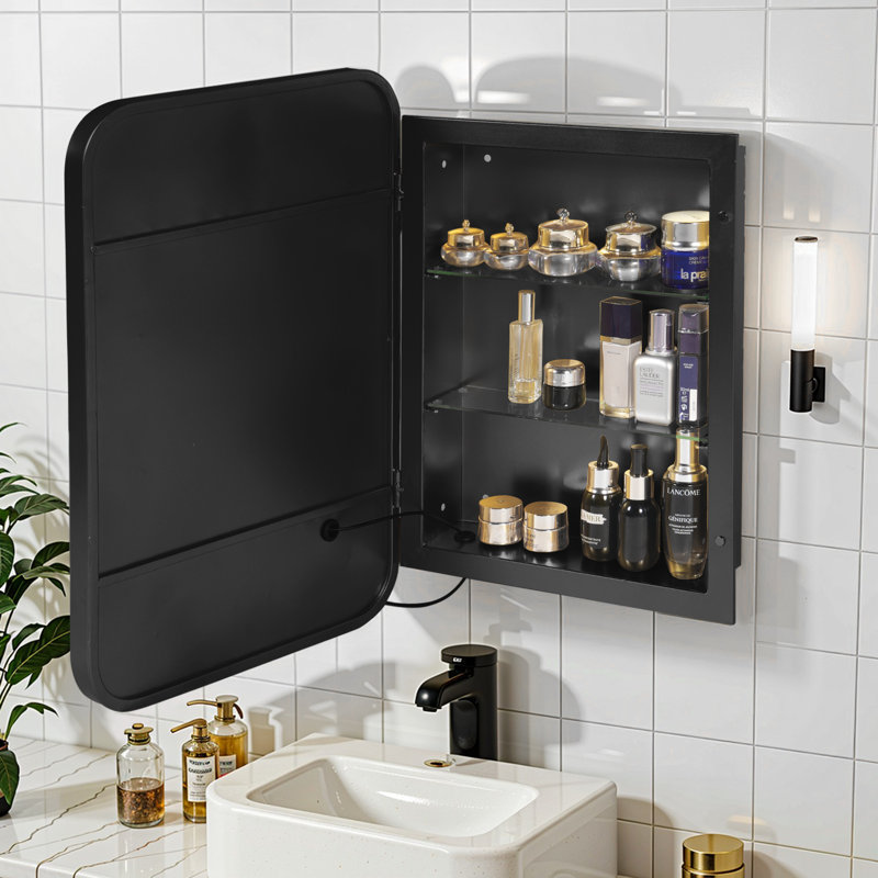 Strawn 16'' W 24'' H Recessed Framed Medicine Cabinet With LED Lights, Matte Black