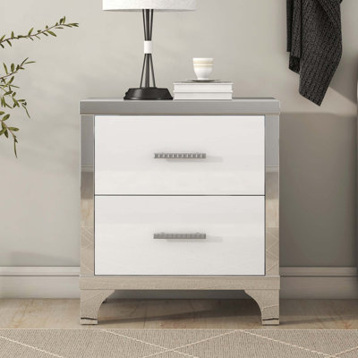 Table de chevet élégante avec poignée en métal et table de chevet à miroir avec 2 tiroirs pour la chambre à coucher et le salon
