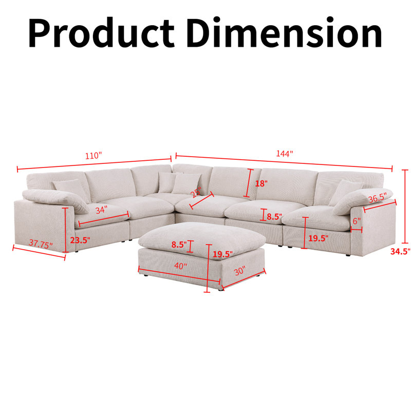 144" Chenille Sectional Corner Sofa 7 Pieces Oversized Comfy Modular Reversible Couch With Upholstered Movable Ottoman