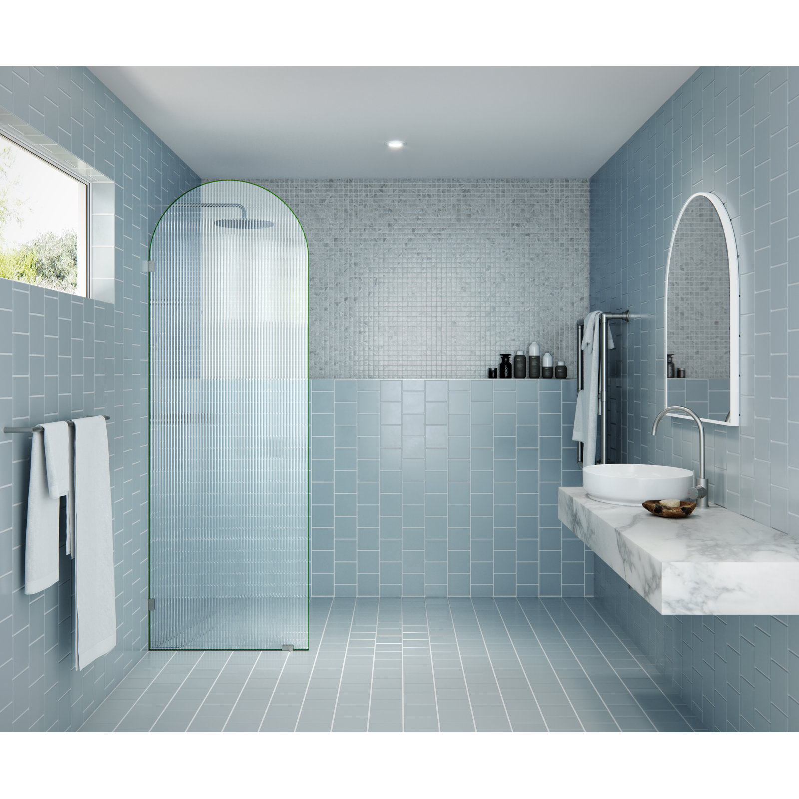 Maven Frameless Arched Fluted Shower Panel, Brushed Nickel
