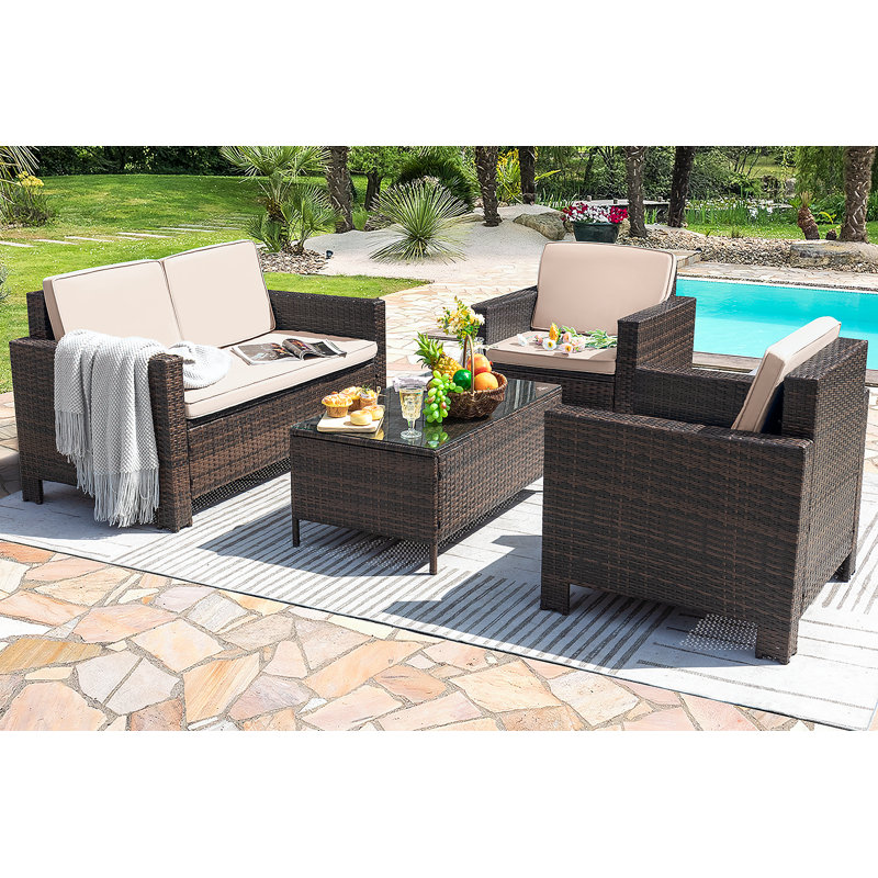 4 - Person Patio Conversation Set with Cushions, Brown, Light Beige