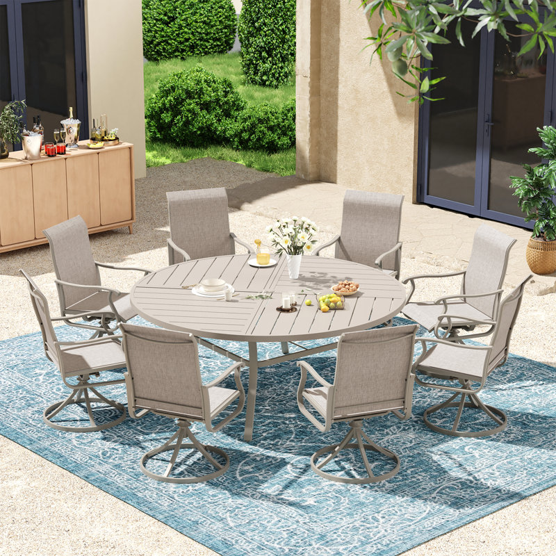 8-Person Patio Dining Set with 60" Round Patio Dining Table and 8 PVC-coated polyester Swivel Chairs, Cream/Sandshell