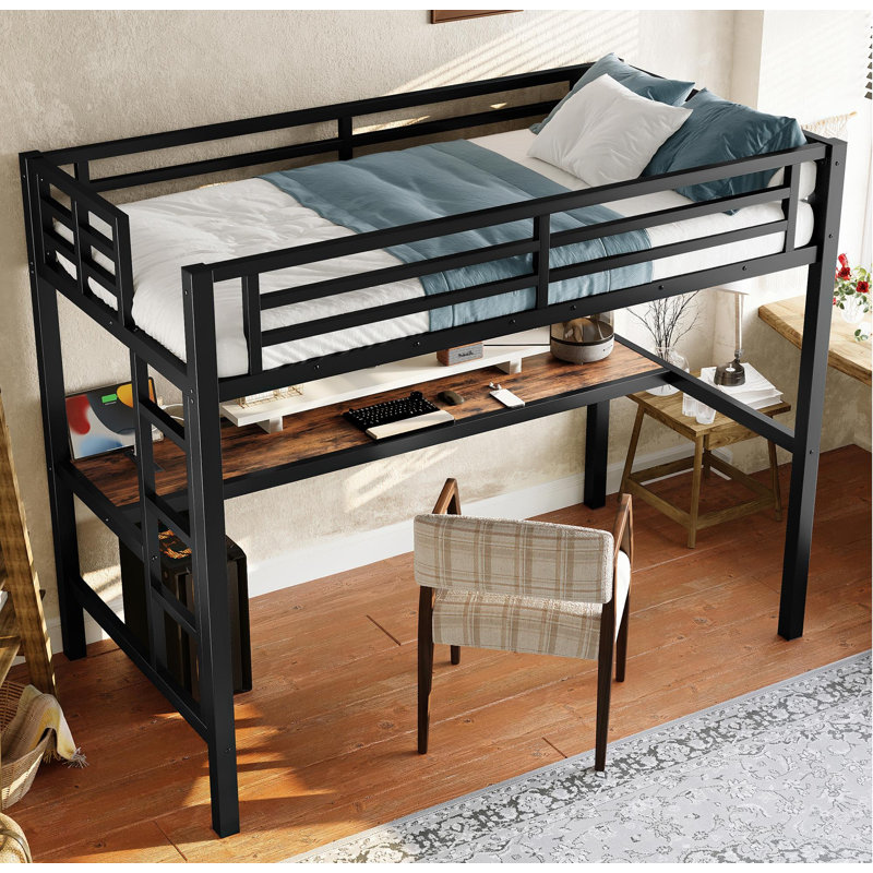 Metal Twin Size Loft Bed With Power Outlet And LED Lighted, Space-Saving, Noise Reduced, Black, Twin