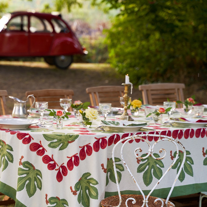 Fig Handmade Floral Tablecloth, 128" x 71", Red/Green/White
