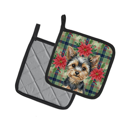 Black and Tan Yorkshire Terrier Christmas Poinsettas Pair of Pot Holders