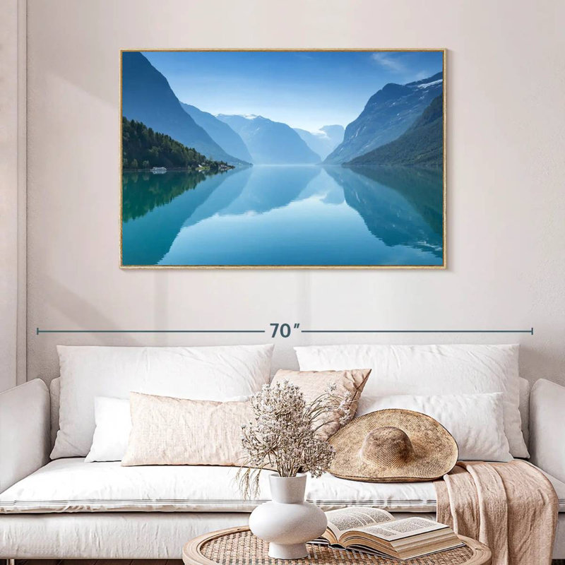 Vue du lac Lovatnet, Cadre flottant en bois naturel, 46 po x 31 po