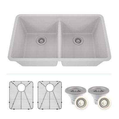 32" x 19" Quartz Kitchen Sink, 50/50 Double Bowl Sink, Drop-in Sink, Undermount Sink, Granite Kitchen Sink, with 2 Steel Grids and Basket Strainer, Disposal Flange
