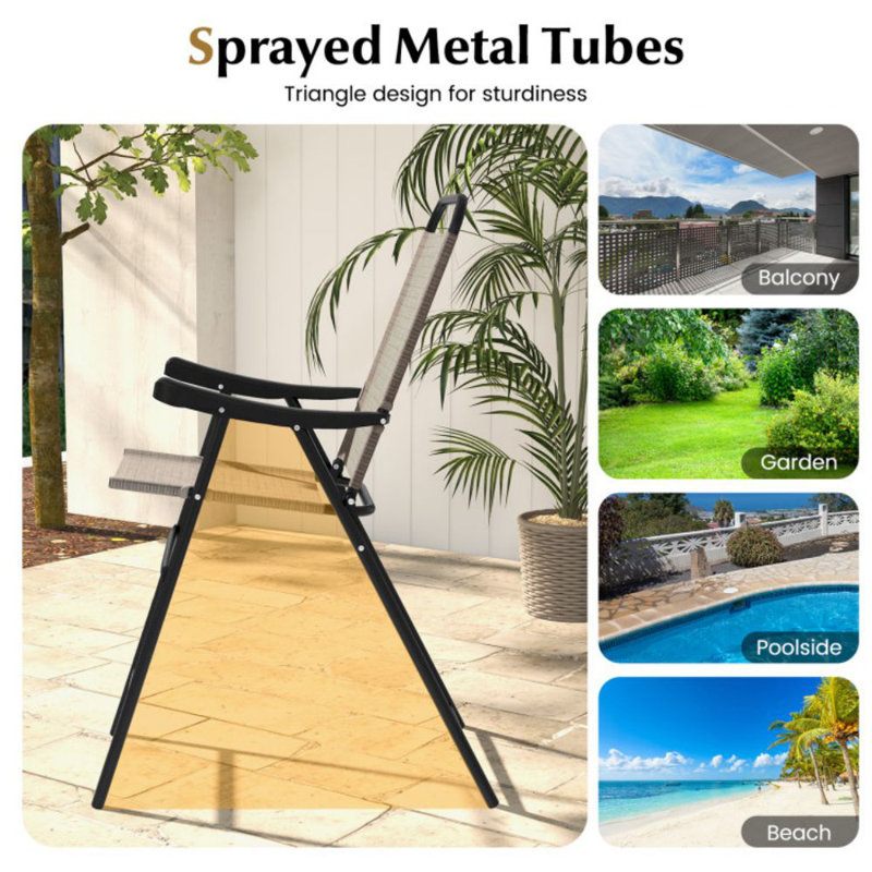 Patio Folding Bar Stool Set Of 2 With Metal Frame And Footrest, Coffee