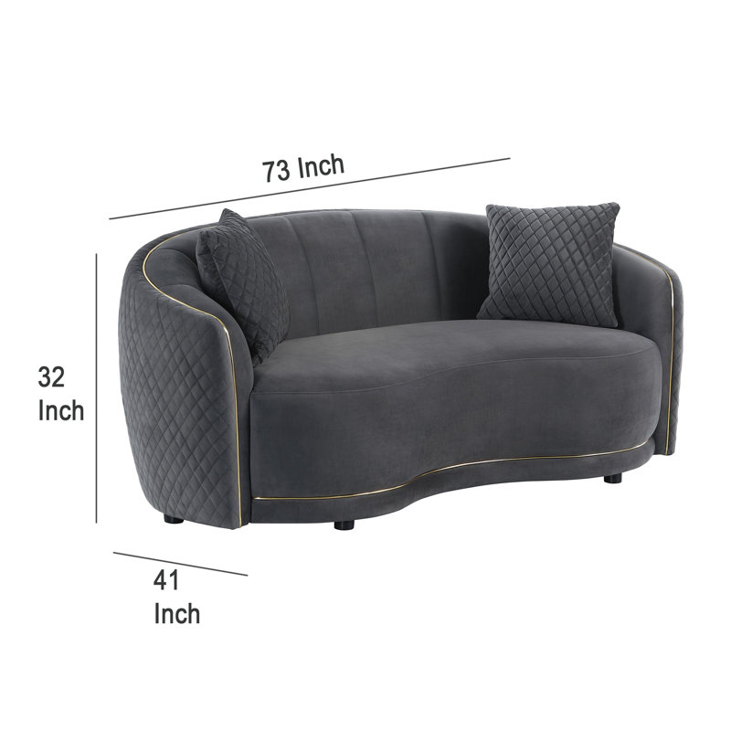 Buo Curved Loveseat, 73 Inch Dark Grey Polyester, Gold Trim, 2 Pillows