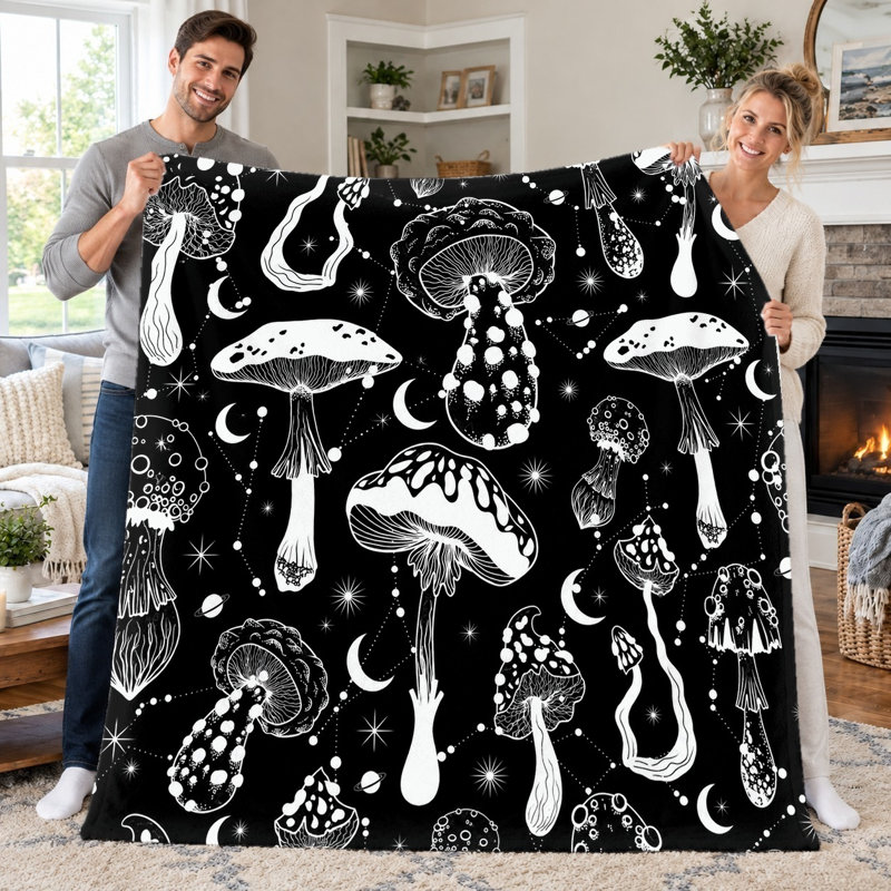 1pc Black Mushroom Constellation Blanket, Whimsical Celestial Fungi Flannel Throw, Soft Cozy Lightweight Blanket for Sofa Couch Bed Living Room Dorm Travel, Unique Boho Home Decor All Season Blanket, Gift