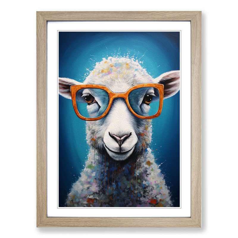 Sheep with Glasses Painting - Framed Print, Oak , 64cm H x 46cm W x 2cm D