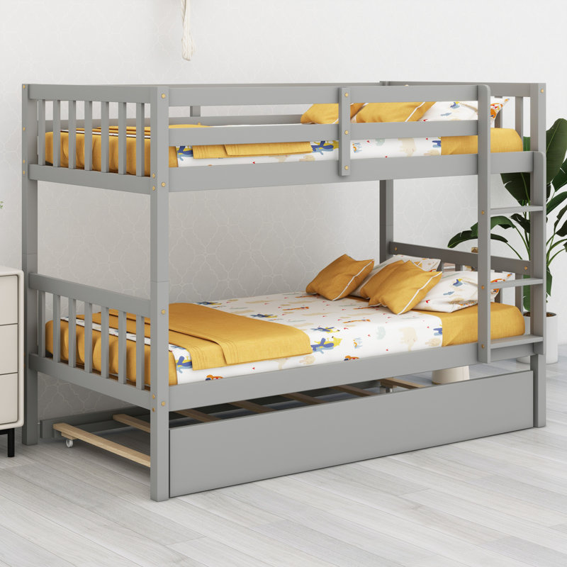 Lit superposé modulaire en bois avec lit gigogne, conception convertible et garde-corps de sécurité, Gris