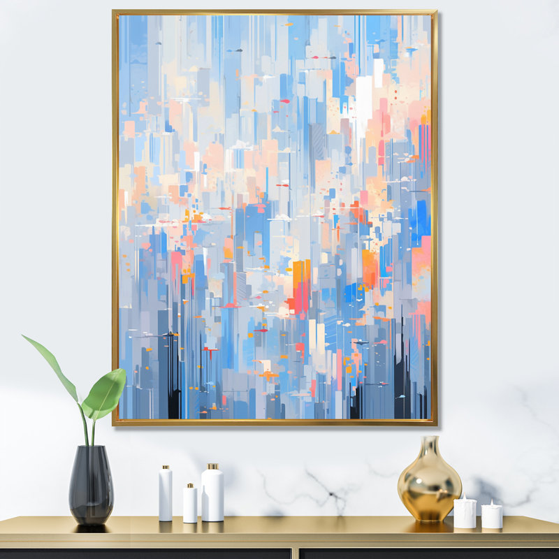"Blue Pink Interlocking Perspectives", reproduction d'art sur toile, Cadre flottant doré, H 44 po x l 34 po x P 1,5 po