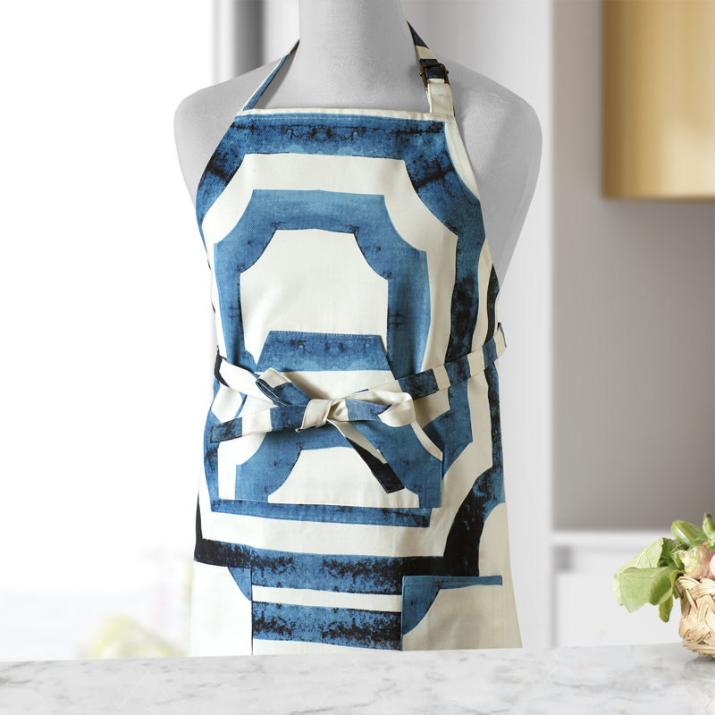 Printed Cotton Kitchen Apron with Pockets Adjustable, Mecca Blue
