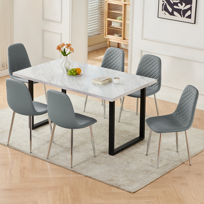 Wayland Modern Upholstered Faux Leather Dining Chair, Light Grey, 6, Silver