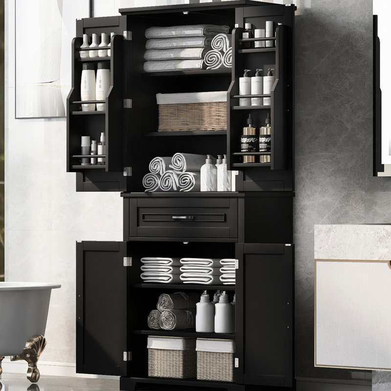 Armoire de rangement haute pour salle de bain - Armoire pratique avec tablettes réglables et finition noire, Noir