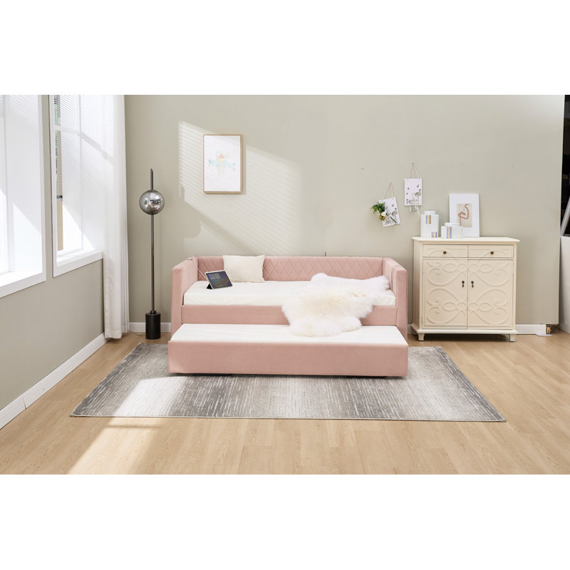 Velvet Daybed, Sturdy Wooden Bed Frame, Diamond Grid Pull-Out Design, For Bedroom, Living Room Furniture, Pink