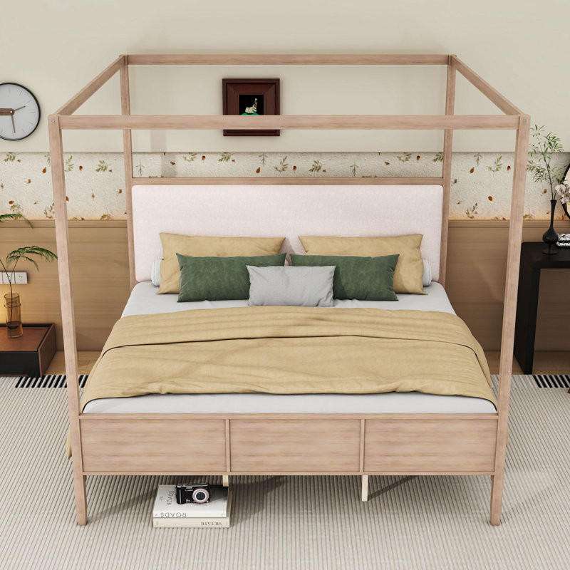 Lit plateforme élégant à baldaquin en bois avec tête de lit tapissier et lattes, King, Natural Walnut
