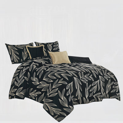 Black And Gold Leaf Jacquard 5 Piece Luxury Comforter Set Includes 1 Comforter 2 Shams 2 Decorative Pillows,Queen