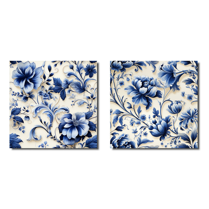 Motif victorien de frises ornementales bleu cobalt - collage carré floral, Toile tendue, H 30 po x l 61 po