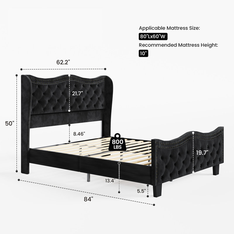 Mordern Glam Tufted Velvet Wingback Platform Bed, Black