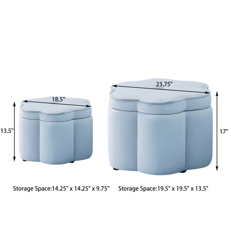 Ensemble de 2 bancs de repose-pieds en velours en forme de fleur avec rangement caché, conception gigogne pour économiser de l'espace, repose-pieds multifonctionnel et sièges supplémentaires.