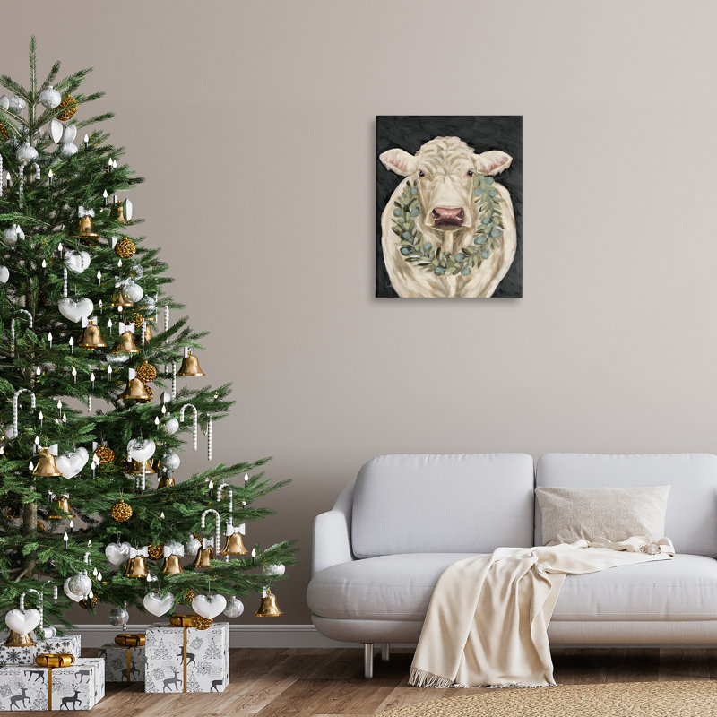 «Cow with Holiday Wreath», art mural sur toile par Sara G. Designs, H 30 po x l 24 po